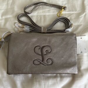 Monogrammed “L” Pewter Clutch or Crossbody w/ Shoulder & Hand Strap. NEW